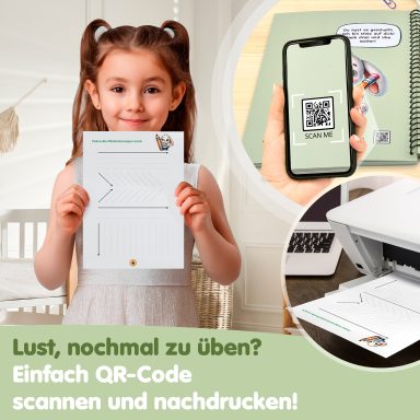 Mädchen hält Blatt mit QR-Code, Smartphone zeigt QR-Code vor einem Drucker.