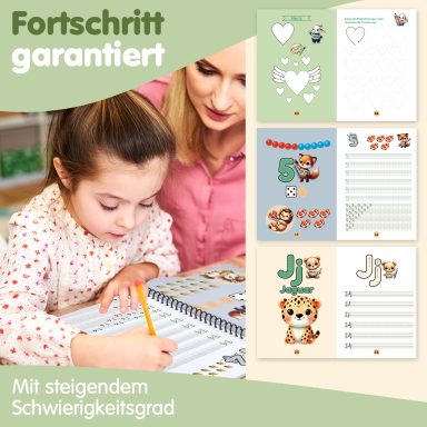 Mädchen schreibt in ein Übungsheft mit bunten Illustrationen und Fortschrittsmotivation.